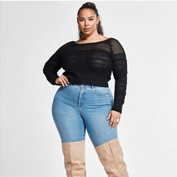 Fashion To Figure NWT 3x Black Bianca Pointelle Knit Cropped Sweater - Picture 4 of 10